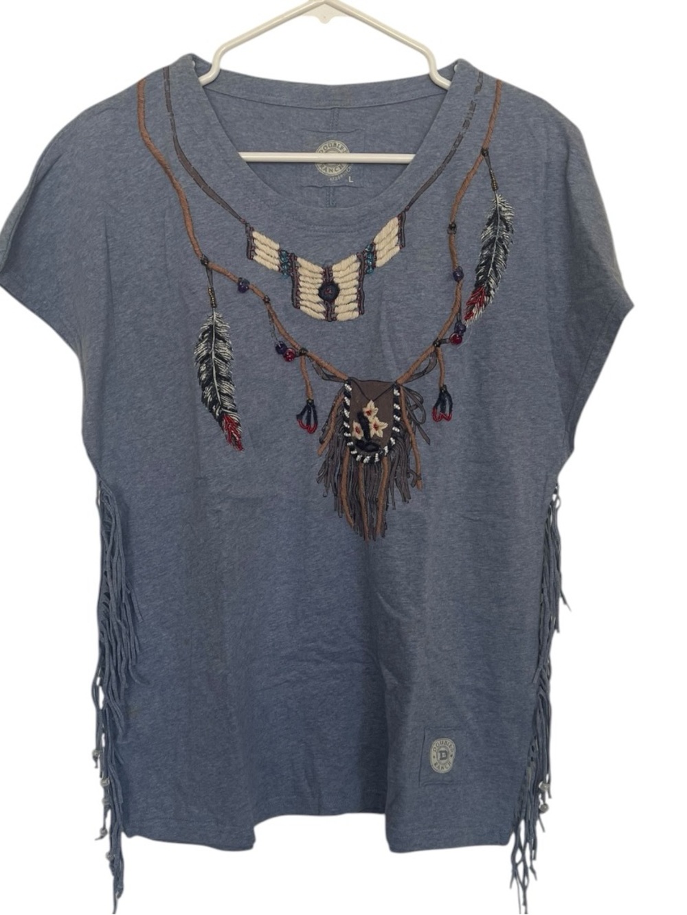 Double D Ranch Western Fringe Graphic Tee Top Blue Beaded Necklace Detail